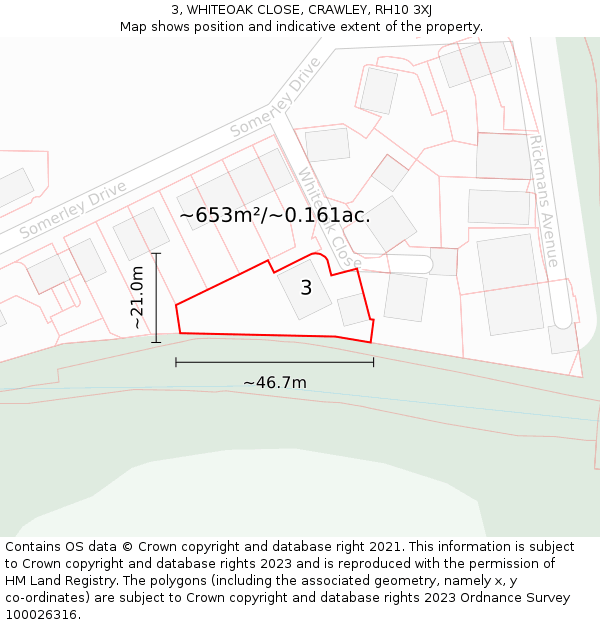 3, WHITEOAK CLOSE, CRAWLEY, RH10 3XJ: Plot and title map