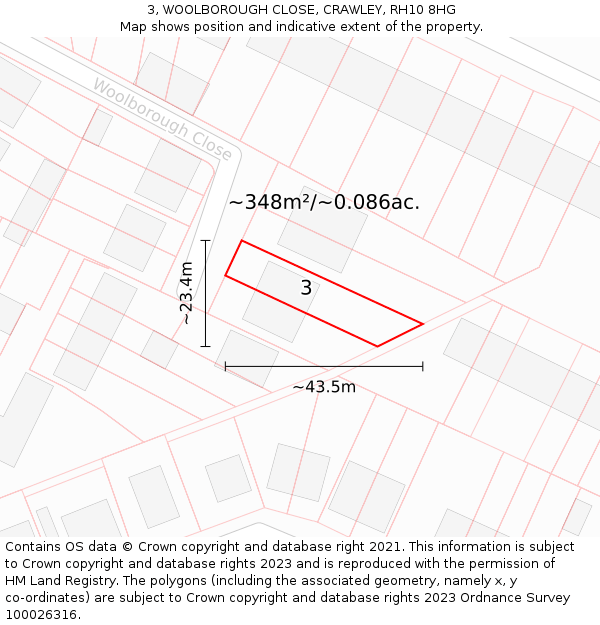 3, WOOLBOROUGH CLOSE, CRAWLEY, RH10 8HG: Plot and title map
