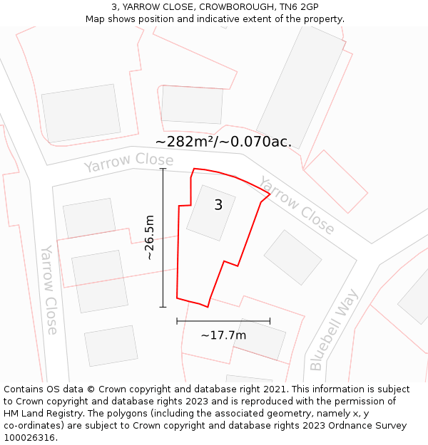 3, YARROW CLOSE, CROWBOROUGH, TN6 2GP: Plot and title map