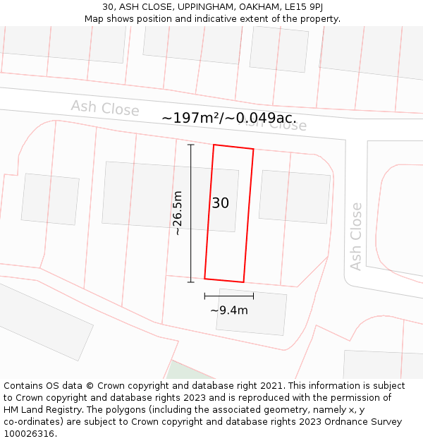 30, ASH CLOSE, UPPINGHAM, OAKHAM, LE15 9PJ: Plot and title map