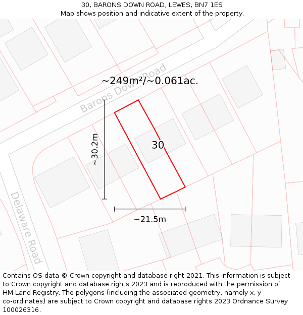 30, BARONS DOWN ROAD, LEWES, BN7 1ES: Plot and title map
