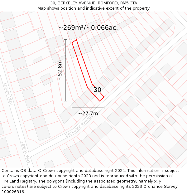 30, BERKELEY AVENUE, ROMFORD, RM5 3TA: Plot and title map
