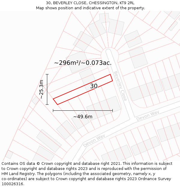 30, BEVERLEY CLOSE, CHESSINGTON, KT9 2RL: Plot and title map