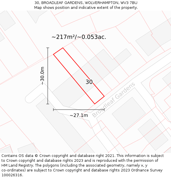 30, BROADLEAF GARDENS, WOLVERHAMPTON, WV3 7BU: Plot and title map