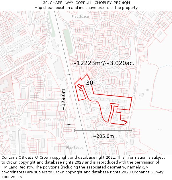 30, CHAPEL WAY, COPPULL, CHORLEY, PR7 4QN: Plot and title map