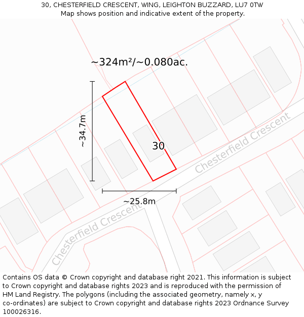 30, CHESTERFIELD CRESCENT, WING, LEIGHTON BUZZARD, LU7 0TW: Plot and title map