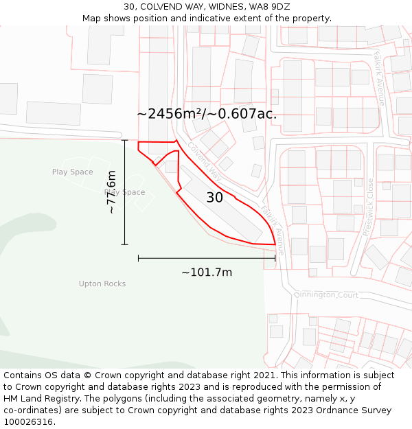 30, COLVEND WAY, WIDNES, WA8 9DZ: Plot and title map