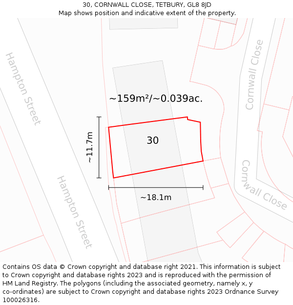 30, CORNWALL CLOSE, TETBURY, GL8 8JD: Plot and title map