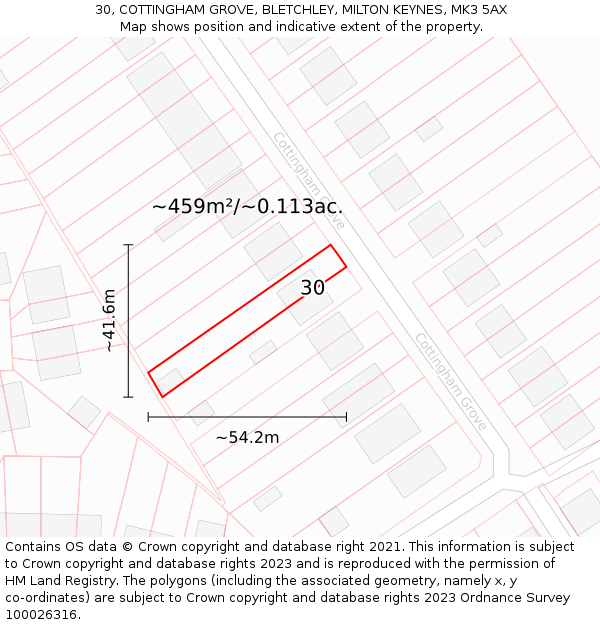 30, COTTINGHAM GROVE, BLETCHLEY, MILTON KEYNES, MK3 5AX: Plot and title map