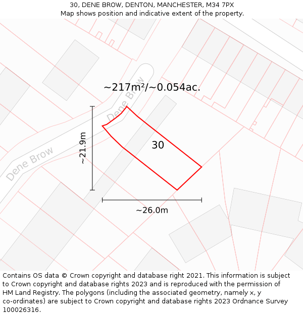 30, DENE BROW, DENTON, MANCHESTER, M34 7PX: Plot and title map