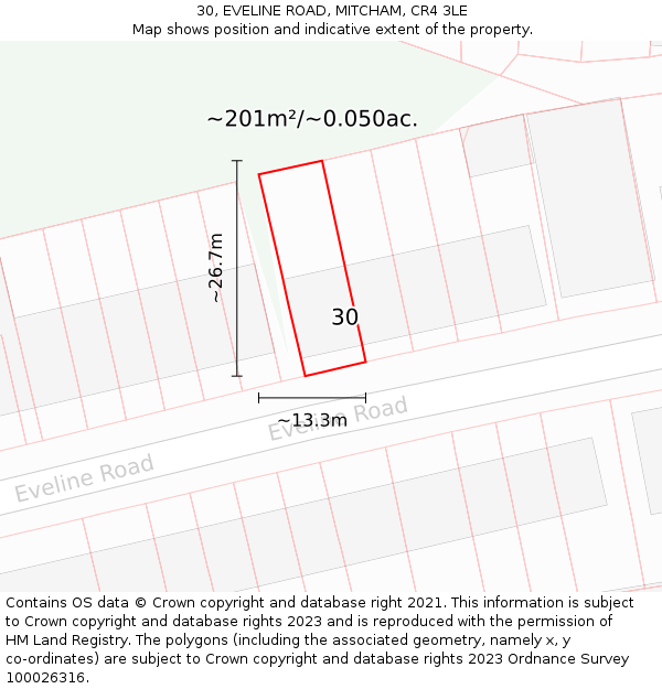 30, EVELINE ROAD, MITCHAM, CR4 3LE: Plot and title map