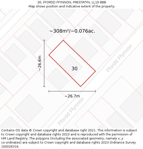 30, FFORDD FFYNNON, PRESTATYN, LL19 8BB: Plot and title map