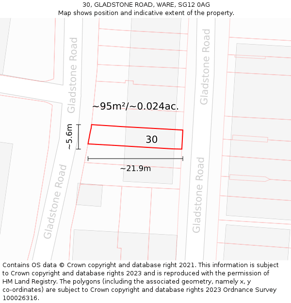30, GLADSTONE ROAD, WARE, SG12 0AG: Plot and title map