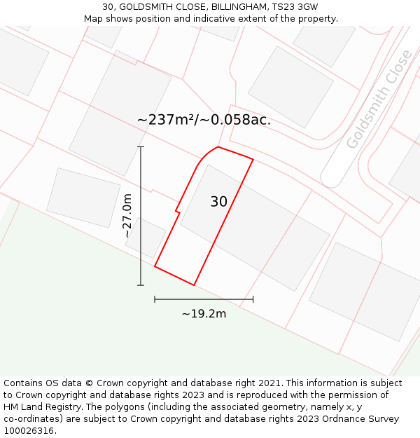 30, GOLDSMITH CLOSE, BILLINGHAM, TS23 3GW: Plot and title map