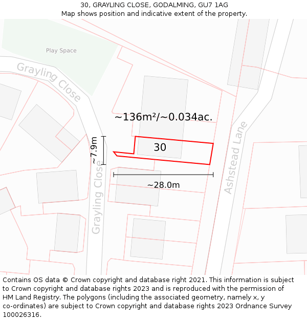 30, GRAYLING CLOSE, GODALMING, GU7 1AG: Plot and title map