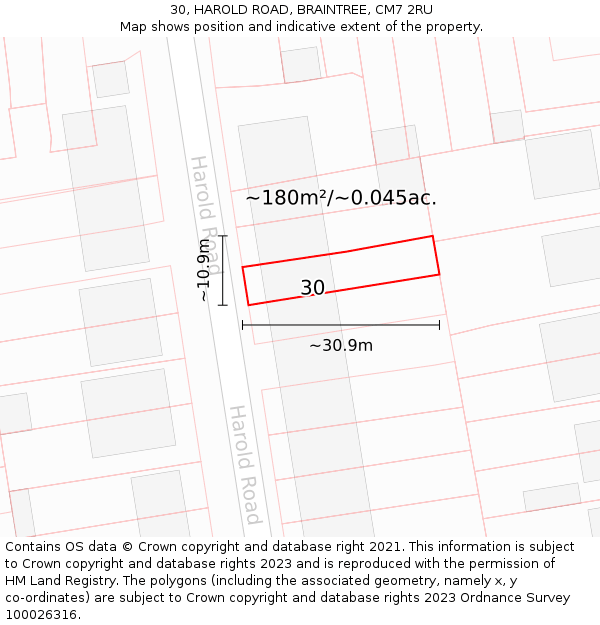 30, HAROLD ROAD, BRAINTREE, CM7 2RU: Plot and title map