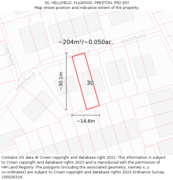 30, HELLIFIELD, FULWOOD, PRESTON, PR2 9SY: Plot and title map