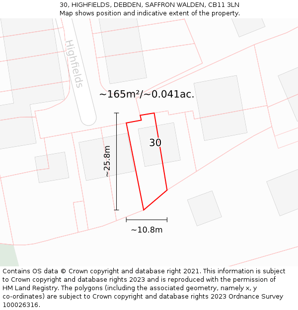 30, HIGHFIELDS, DEBDEN, SAFFRON WALDEN, CB11 3LN: Plot and title map