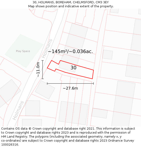 30, HOLMANS, BOREHAM, CHELMSFORD, CM3 3EY: Plot and title map
