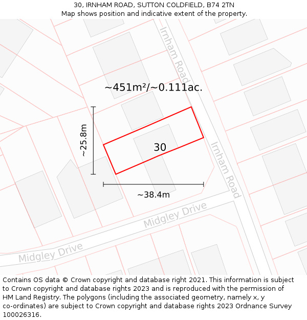 30, IRNHAM ROAD, SUTTON COLDFIELD, B74 2TN: Plot and title map