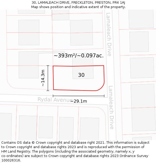 30, LAMALEACH DRIVE, FRECKLETON, PRESTON, PR4 1AJ: Plot and title map