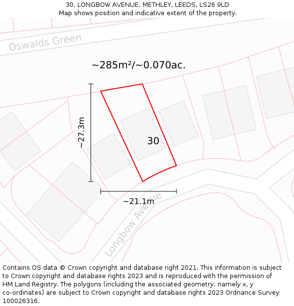 30, LONGBOW AVENUE, METHLEY, LEEDS, LS26 9LD: Plot and title map