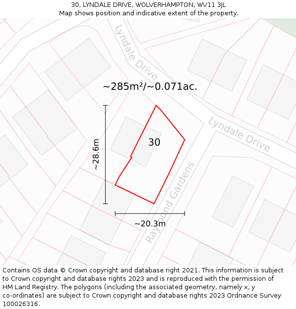 30, LYNDALE DRIVE, WOLVERHAMPTON, WV11 3JL: Plot and title map