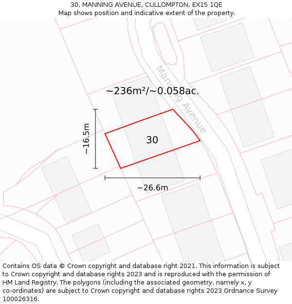 30, MANNING AVENUE, CULLOMPTON, EX15 1QE: Plot and title map