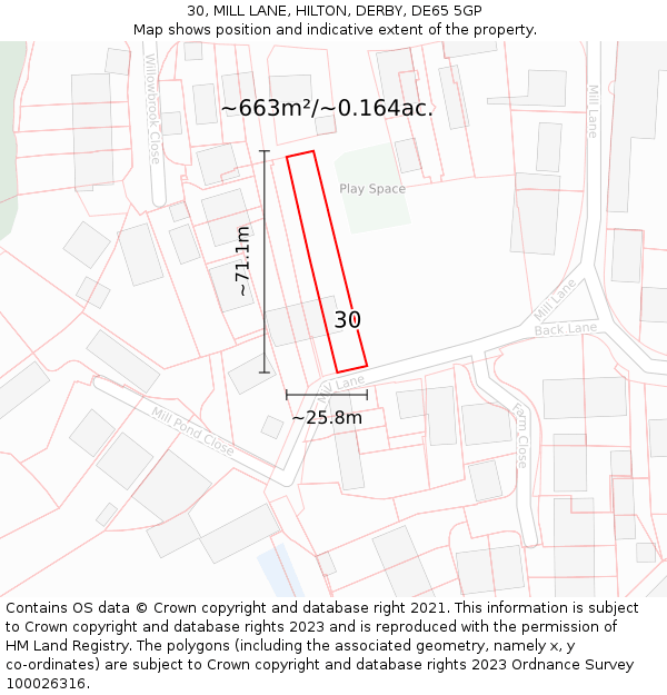 30, MILL LANE, HILTON, DERBY, DE65 5GP: Plot and title map