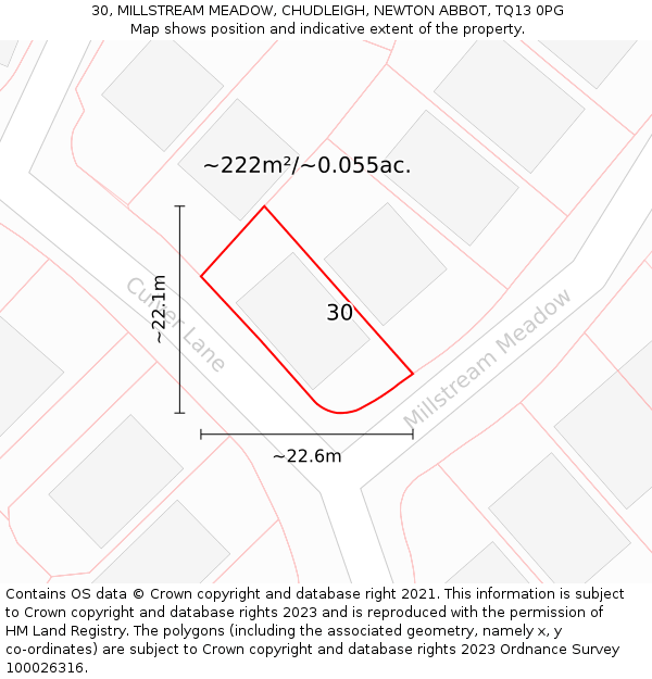 30, MILLSTREAM MEADOW, CHUDLEIGH, NEWTON ABBOT, TQ13 0PG: Plot and title map