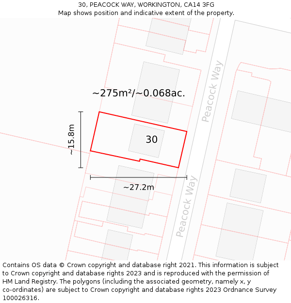 30, PEACOCK WAY, WORKINGTON, CA14 3FG: Plot and title map
