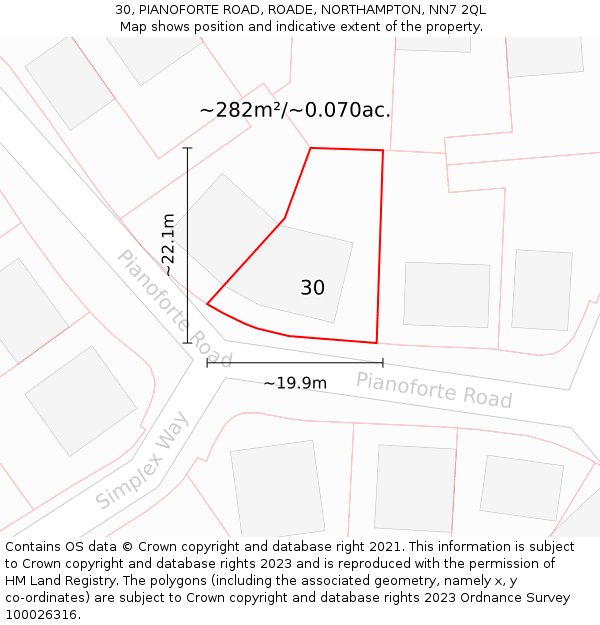 30, PIANOFORTE ROAD, ROADE, NORTHAMPTON, NN7 2QL: Plot and title map