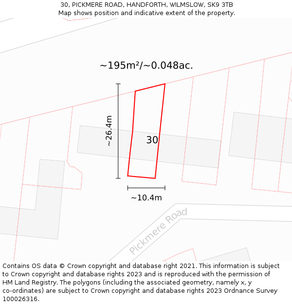 30, PICKMERE ROAD, HANDFORTH, WILMSLOW, SK9 3TB: Plot and title map