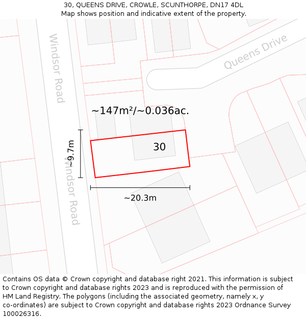 30, QUEENS DRIVE, CROWLE, SCUNTHORPE, DN17 4DL: Plot and title map