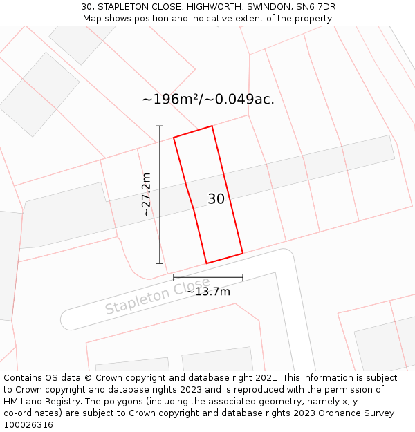 30, STAPLETON CLOSE, HIGHWORTH, SWINDON, SN6 7DR: Plot and title map