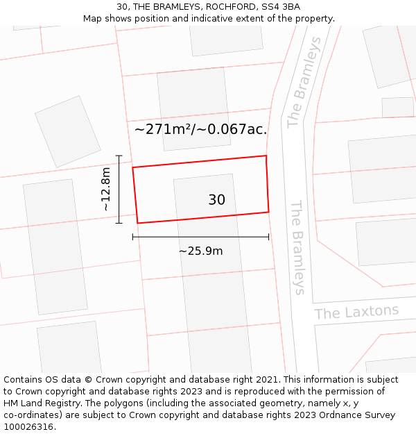 30, THE BRAMLEYS, ROCHFORD, SS4 3BA: Plot and title map