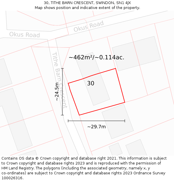 30, TITHE BARN CRESCENT, SWINDON, SN1 4JX: Plot and title map