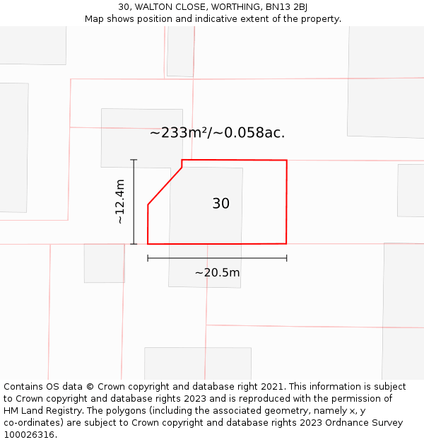 30, WALTON CLOSE, WORTHING, BN13 2BJ: Plot and title map