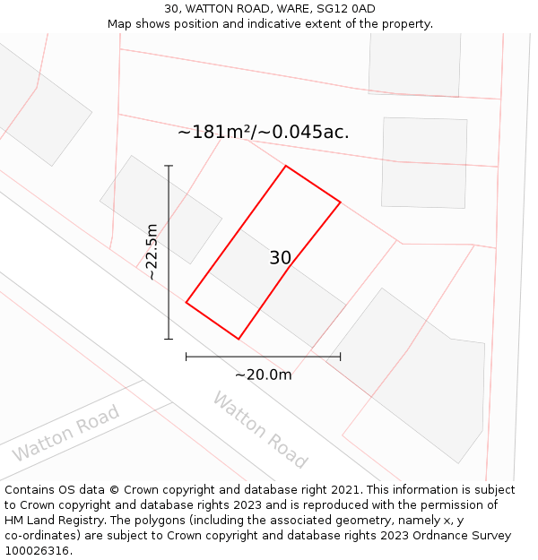 30, WATTON ROAD, WARE, SG12 0AD: Plot and title map