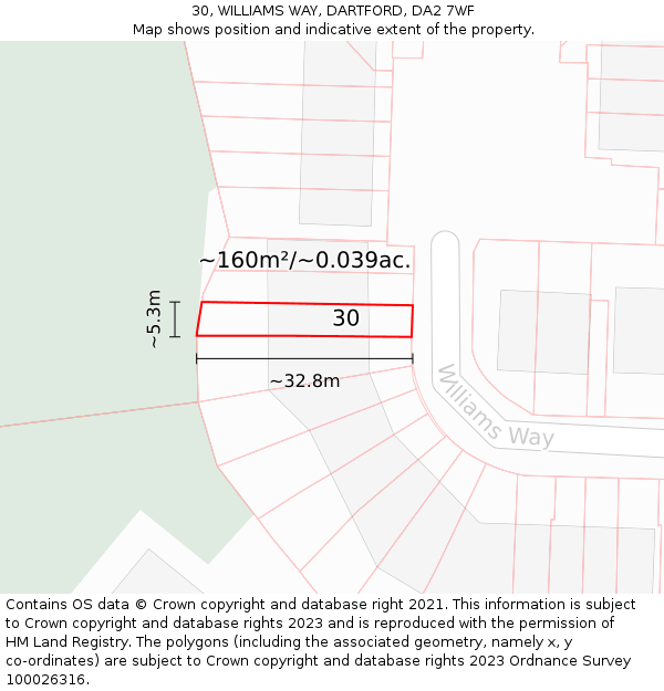30, WILLIAMS WAY, DARTFORD, DA2 7WF: Plot and title map