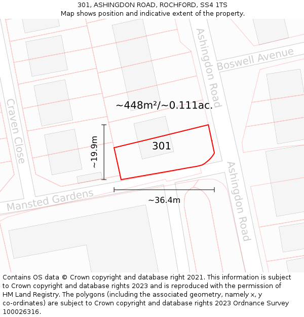 301, ASHINGDON ROAD, ROCHFORD, SS4 1TS: Plot and title map