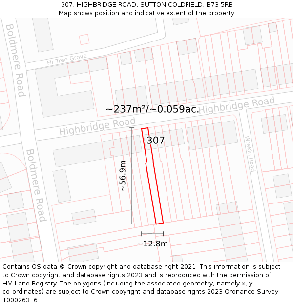 307, HIGHBRIDGE ROAD, SUTTON COLDFIELD, B73 5RB: Plot and title map