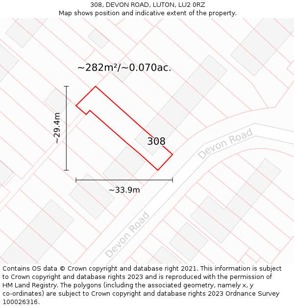 308, DEVON ROAD, LUTON, LU2 0RZ: Plot and title map