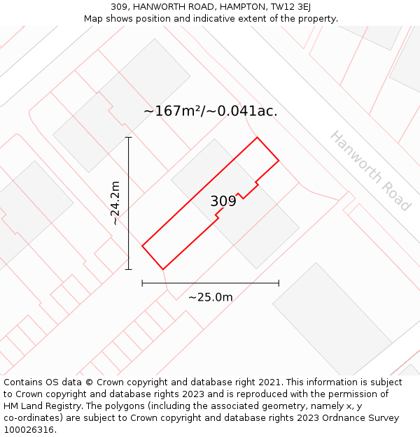 309, HANWORTH ROAD, HAMPTON, TW12 3EJ: Plot and title map