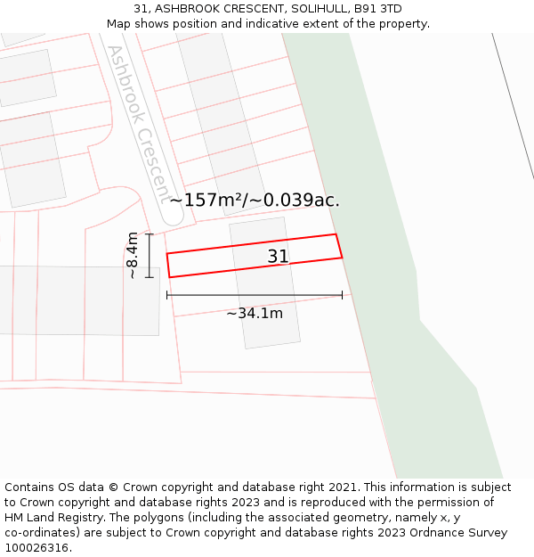 31, ASHBROOK CRESCENT, SOLIHULL, B91 3TD: Plot and title map