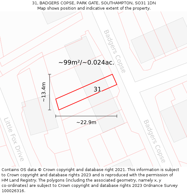 31, BADGERS COPSE, PARK GATE, SOUTHAMPTON, SO31 1DN: Plot and title map