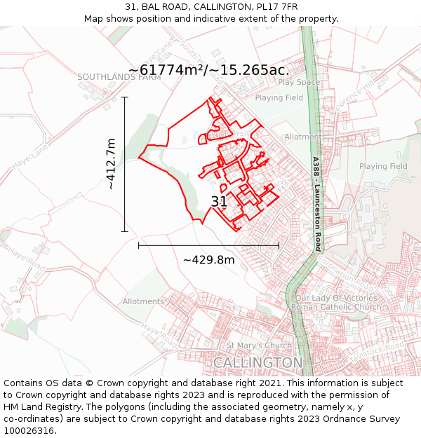 31, BAL ROAD, CALLINGTON, PL17 7FR: Plot and title map