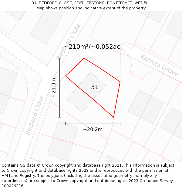31, BEDFORD CLOSE, FEATHERSTONE, PONTEFRACT, WF7 5LH: Plot and title map