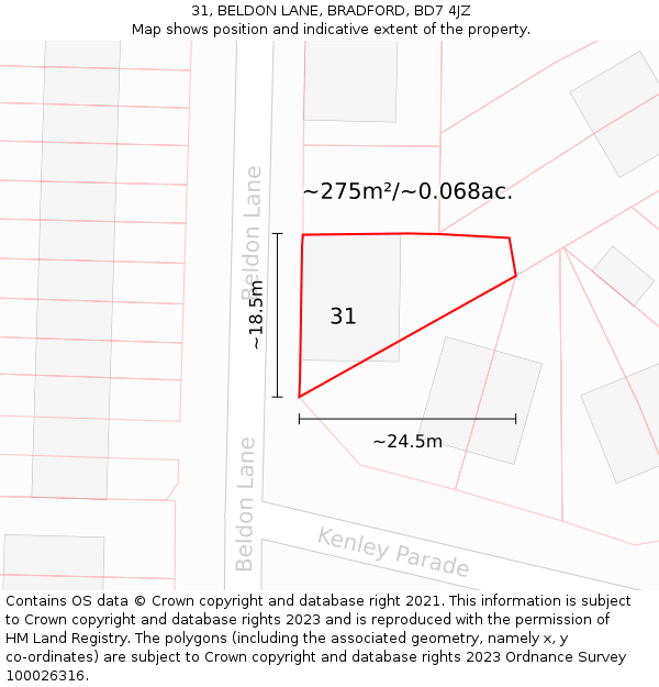 31, BELDON LANE, BRADFORD, BD7 4JZ: Plot and title map