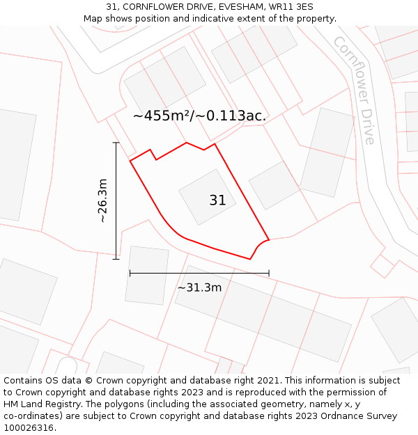 31, CORNFLOWER DRIVE, EVESHAM, WR11 3ES: Plot and title map